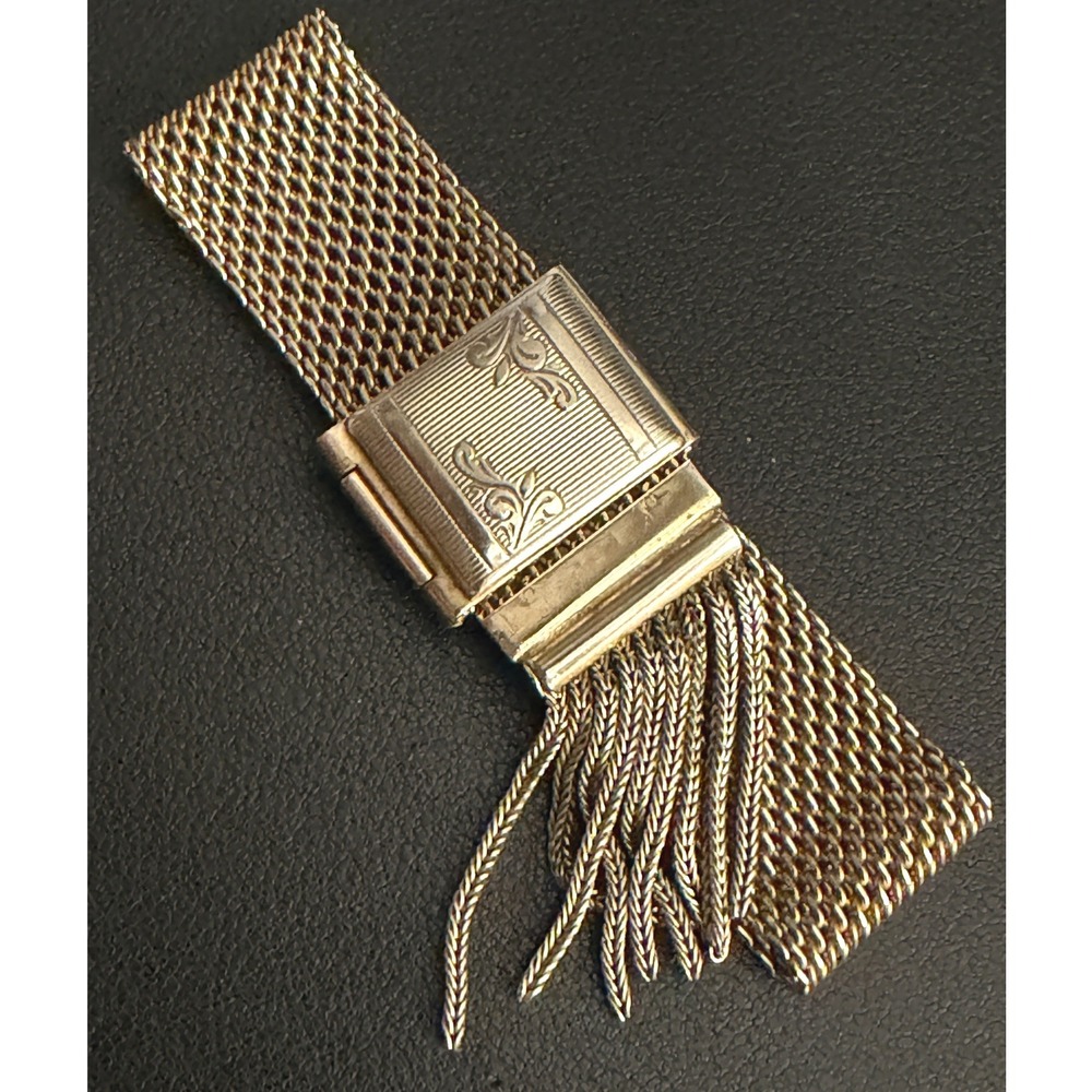 Vintage Mesh Slide Bracelet Victorian Revival Gold Tone Engraved Fringe Tassel